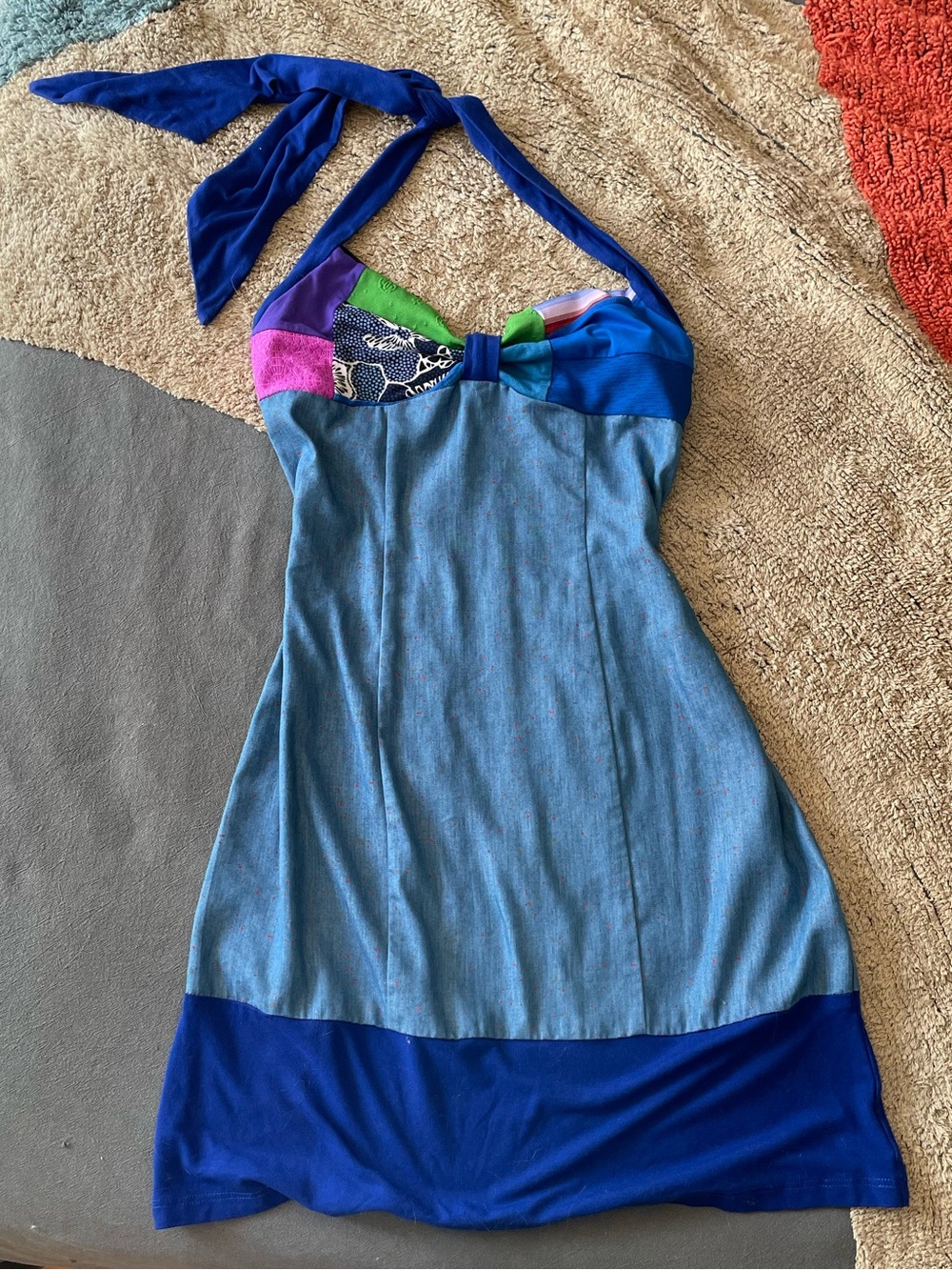 Myco Anna | y2k blue boho halter dress with multicolor bust